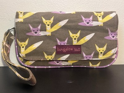 Bungalow 360 Wristlet Zip Clutch Rare Fox Design Hand Strap Vegan Cotton Canvas