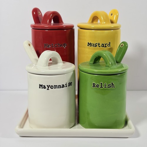 Pottery Barn BBQ Condiment Set & Tray Spoons Ketchup Mustard Mayo Relish RETIRED