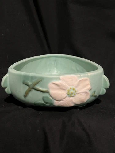 Vtg. ('30s) Weller Art Pottery Wild Rose Green Triangular Ceramic Planter/Bowl