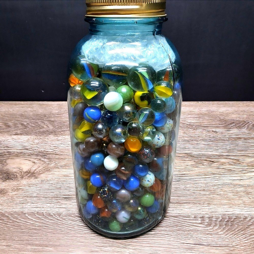 Vintage Mixed Glass Marbles Collection in Blue Ball Perfect Mason Jar Lot