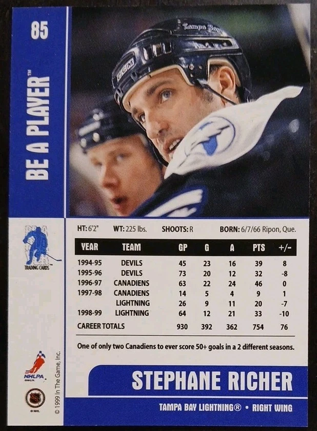 1999 - 2000 ITG Be A Player Stephane Richer Lighting #85 Hockey Card - Image 2 of 2