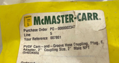 MCMASTER-CARR 5403K65 , 2'' Plastic Cam-and-Groove Hose Couplings for Chemicals