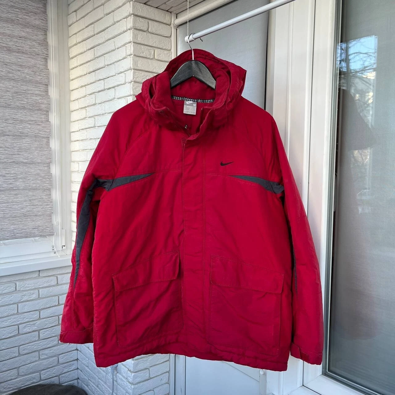 Vintage Nike Insulated Hooded Jacket Swoosh Logos Red Mens Size M