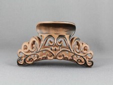Brown hair clip 3 5/8" long big barrette claw jaw clamp scroll cut out WoodGrain