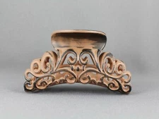 Brown hair clip 3 5/8" long big barrette claw jaw clamp scroll cut out WoodGrain