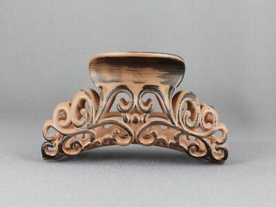 Brown hair clip 3 5/8'' long big barrette claw jaw clamp scroll cut out WoodGrain