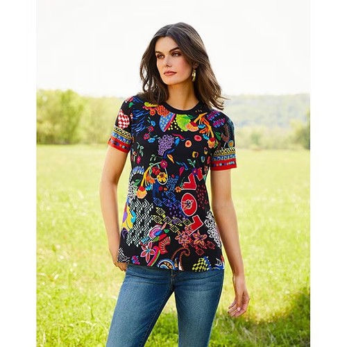 Camiseta Johnny Was Janie Favorite Jenny Love Corta Crew Floral Negra Top NUEVA - Imagen 6 de 8