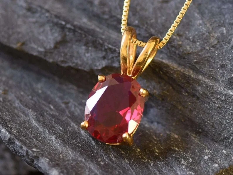 4 Ct Oval Cut Lab-Created Red Ruby Solitaire Pendant Necklace Yellow Gold Plated - Image 2 of 4