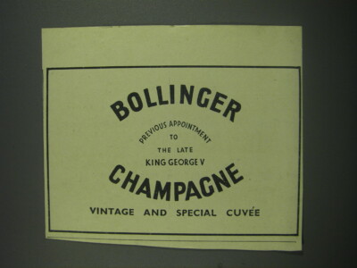 1949 Bollinger Champagne Ad - previous appointment to the late King