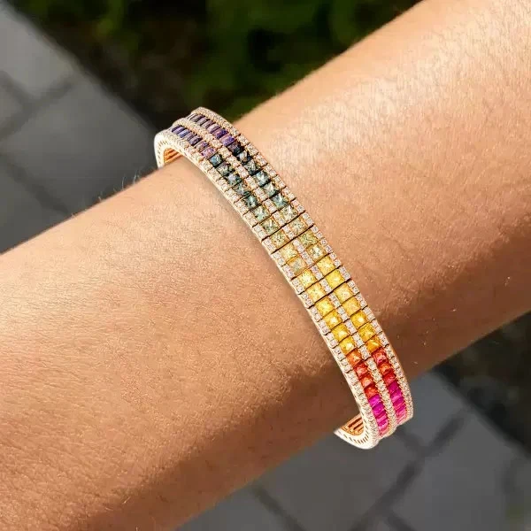 Brazalete Arco Iris Doble Fila Zafiro Multicolor Redondo 30Ct Chapado en Oro Blanco 14K Foto 2 de 4