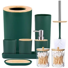 9-Piece Dark Green Bathroom Accessories Set with Trash Can, Tray, Soap Dispen...