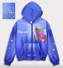 New Luxury Men Women Diamond Rhinestones Fashion Blue Zip Hoodie High Quality