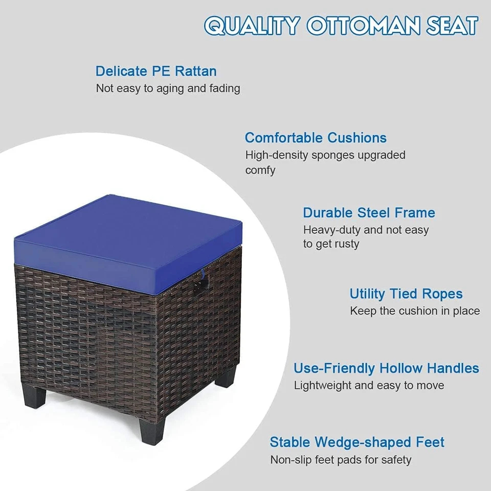 2-Piece Rattan Patio Ottoman, All Weather Wicker Ottoman W/Removable Cushion & S - Image 4 of 4