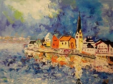 "Waterside Town" #051- Original Expressive Oil Painting by Julia Lu  18"x24"