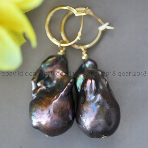 18-25mm Natural Peacock Black Baroque Edison Keshi Pearl Dangle Hoop Earrings - Picture 8 of 9