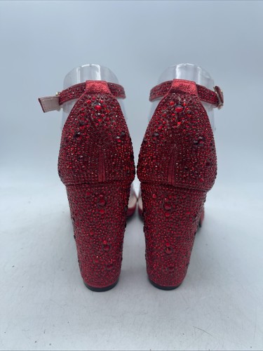 De Blossom Red Rhinestone Chunky Heels Ankle Strap Open Toe Size 7 - Picture 8 of 10