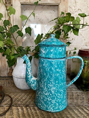 Ancienne Cafetière Émaillée Marbrée Bleu et Blanc - Déco Cuisine Campagne Shabby - Photo 1/4