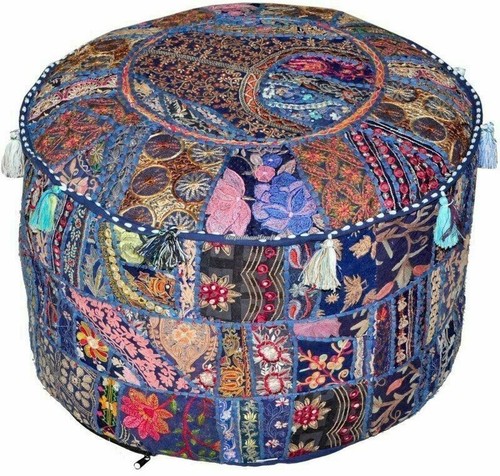 Indian Vintage Pouf Ottoman Round Ottoman Cover Pouf FootStool Pouffe Decorative - Picture 3 of 3