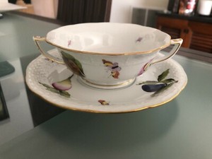 Herend Market Garden Hand-Painted China Cream Soup Bowls & Saucers (6)