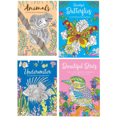 4 x Coloring Books  Butterflies, Birds, Underwater, Animals activity pack