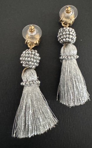 J Crew Earrings Tassels Silver Silk Thread Pink Rhinestone 2” Beaded Metallic - Picture 2 of 2