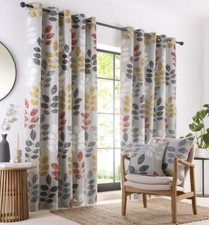 Image of Lined curtains eyelet ring top new pair ochre spice grey leaf print drapes