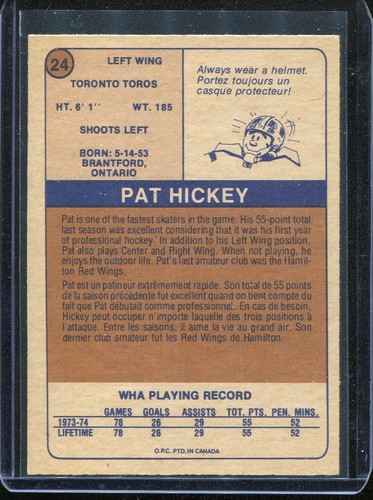 1974 O-PEE-CHEE (OPC) WHA Hockey # 24 Pat Hickey (NM-MT) - Picture 2 of 2