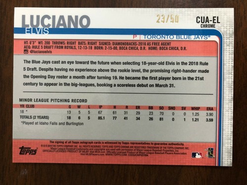 2019 Topps Chrome Update Autograph Gold Refractors #CUAEL Elvis Luciano #d 23/50 - 第 2/2 張圖片