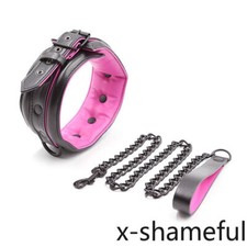 Pink PU Leather Binding Neck Collar Handcuffs Wrist Ankle Cuffs Restraint Set