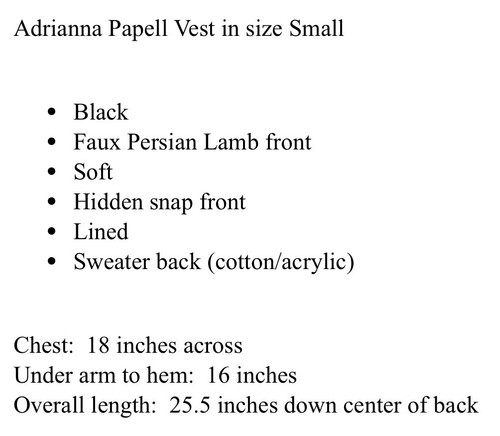Adrianna Papell Vest sz Small Black Faux Persian Lamb Textured Hidden Snap Front - Picture 9 of 9