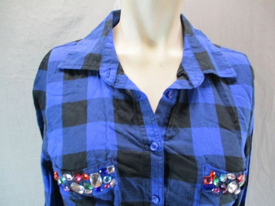 Blusa Bongo tamanho G feminina azul xadrez manga longa algodão com botões 6G927 - Imagem 2 de 4