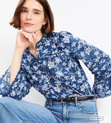 NWT - Ann Taylor LOFT Floral Lace Trim Embroidered Pleated Top Size L - MSRP $79