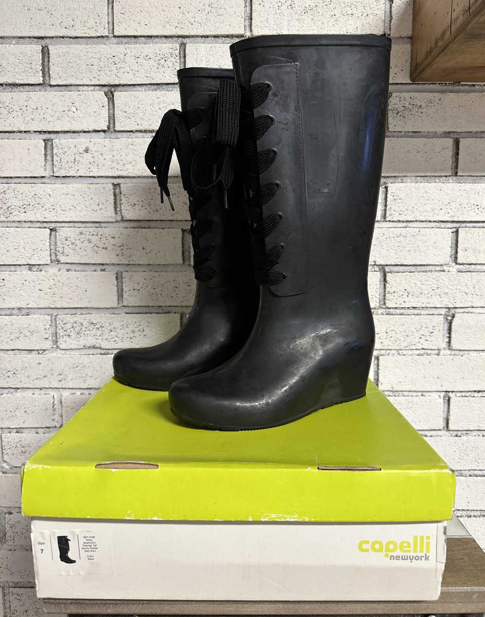 Rain Boots Capelli Women’s Size Black Mushroom Patches Tall Sporty Rubber