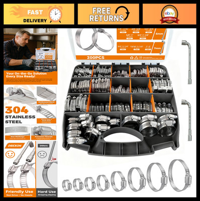 200PCS Adjustable Hose Clamp Kit - 304 Stainless Steel, 1/4''~2'' (6~51mm) Heavy D