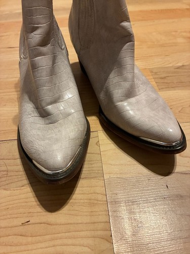 Jeffrey Campbell White Croc Embossed Pointed Toe Western Ankle Boots with Silver