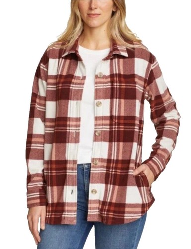 Eddie Bauer Women's S Microfleece Button Up Flannel Shirt Brown Rust Plaid NWT