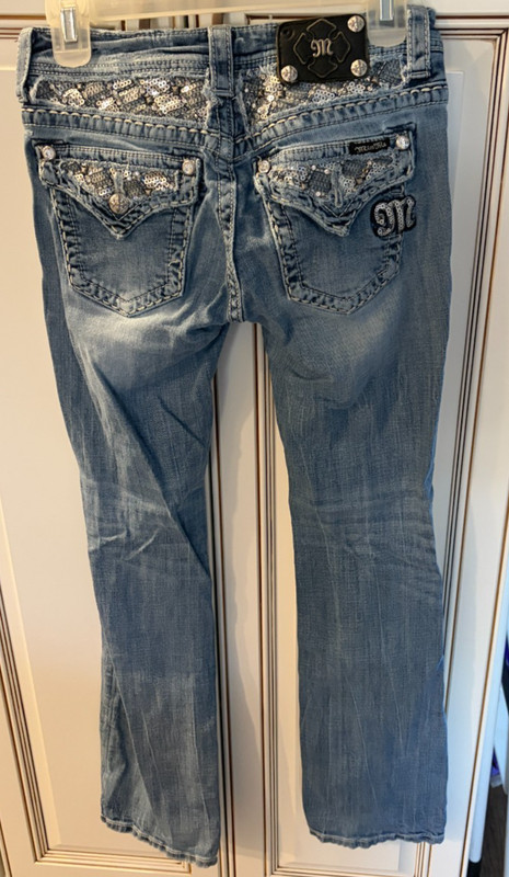 MISS ME Women's Boot Cut Jeans Sz 27X30 Boot Style Flap Pockets Bling