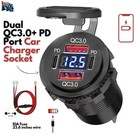 USB Car Charger Dual QC3.0+ PD Port With Voltmeter Outlet Socket for 12V Boat RV