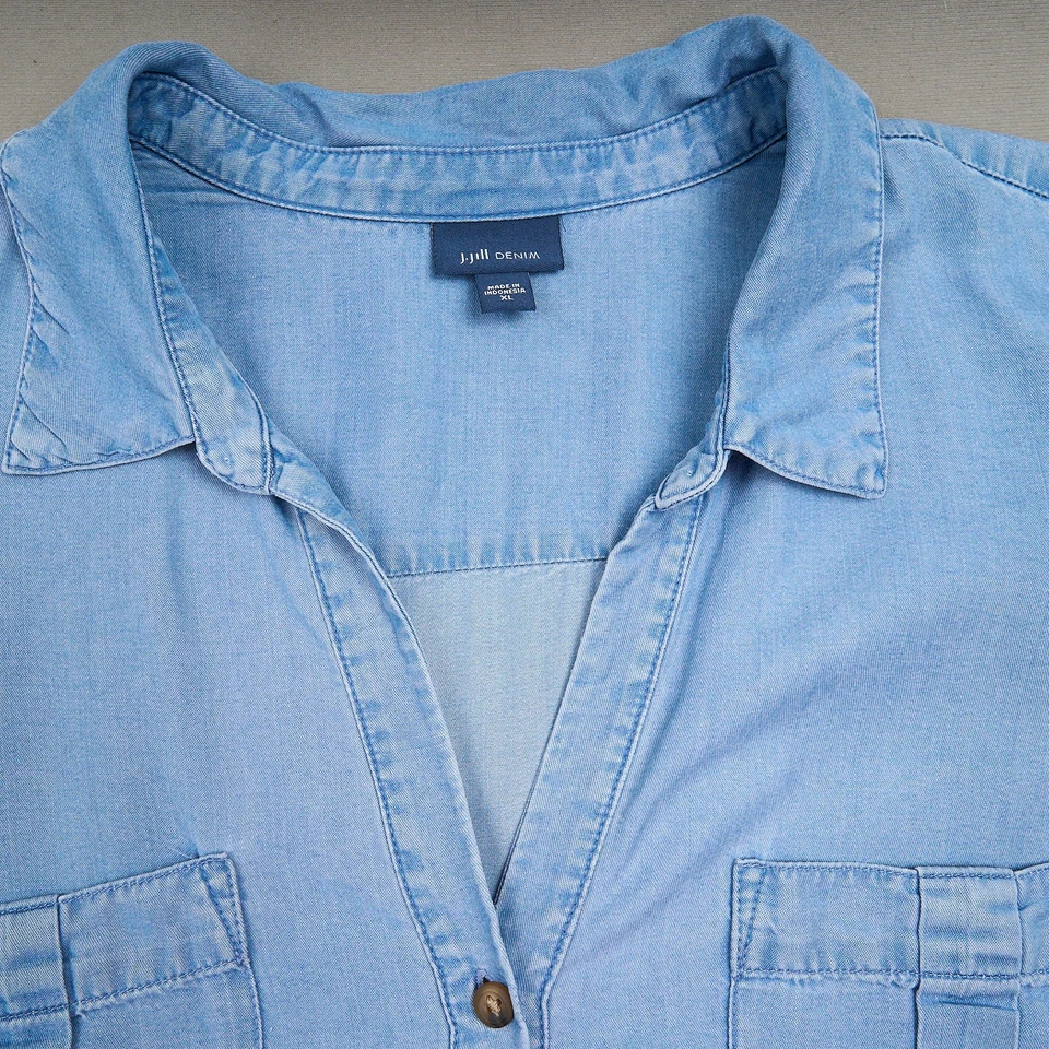 J Jill Denim Chambray Shirt Dress Womens XL Blue Tencel Roll-Tab Sleeve Ruffle - Image 2 of 4