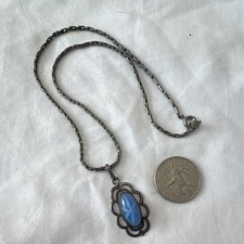 Vintage 925 Sterling Silver Faux Star Sapphire Blue Glass Pendant Book Chain