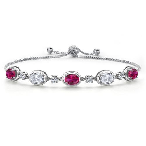 925 Sterling Silver Created Ruby and White Topaz Bracelet For Women | 4.55 Cttw