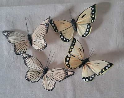 Realistic Painted Feather Butterflies 3.5x2 Inch 4 Cream Color