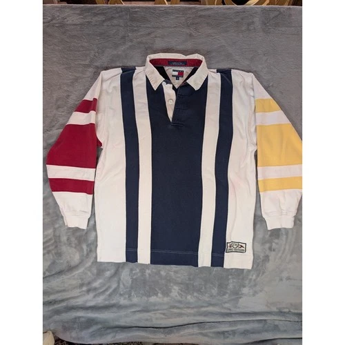 Tommy Hilfiger Mens Rugby Shirt Medium Navy White Vertical Stripe Colorblock - product listing photo