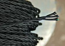 Black Twisted 3-Wire Cloth Covered Cord, 18ga. Vintage Lamp Antique Lights Rayon