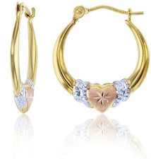 Graduated Diamond Cut Heart Round Hoop Earrings REAL 14K Tri-Color Gold