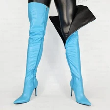  Women Thigh High Boots Side Zip Up Faux Leather Slim Heels Boots Over Knee Shoe