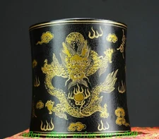 6.7''Old Chinese Wood lacquerware Gilt Dragon Beast Brush Pot Pencil Holder