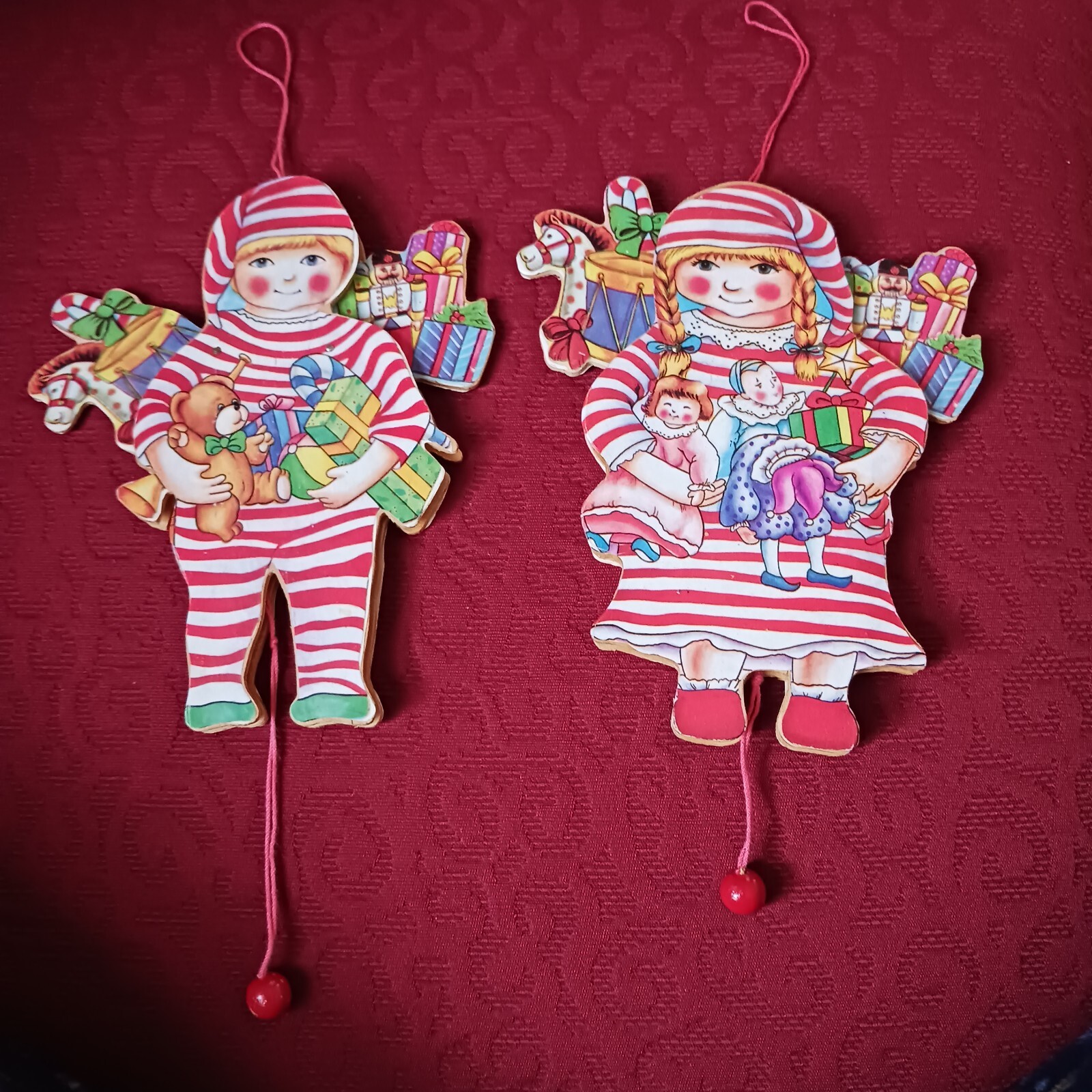 Vintage Wooden Pull String Ornament 7" Clacker Toy PAIR Boy Girl Stripe PJs Toys eBay