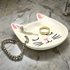 Ceramic White & Pink Cat Trinket Ring Dish Jewellery Stand Coin Bowl Key Holder