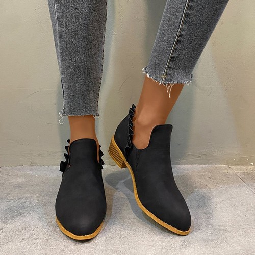 Retro Women Pull On Ruffled Ankle Boots Pointed Toe Casual Block Shoes Walking - Picture 3 of 11